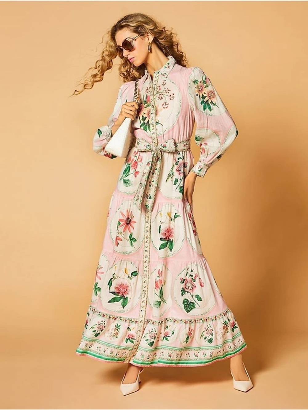 A Loves A Floral Pink Collared Neck Long Balloon Sleeve A-Line Flounce Hem (S)